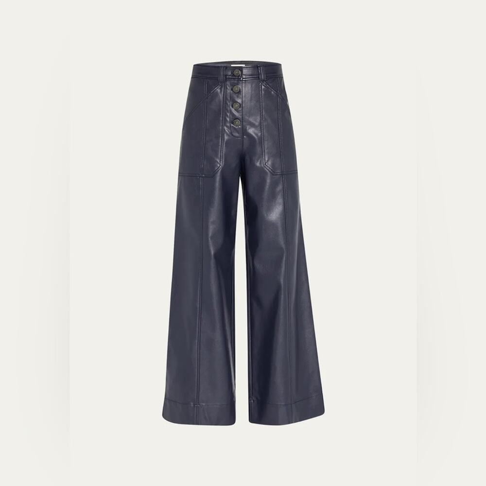 Cinq A Sept Benji Vegan Leather Cropped Seam Navy Flare Leg Pants 14
